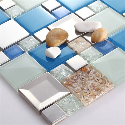 Blue Glass Mosaic Tiles Crackle Glass Tile Kitchen Wall Tv