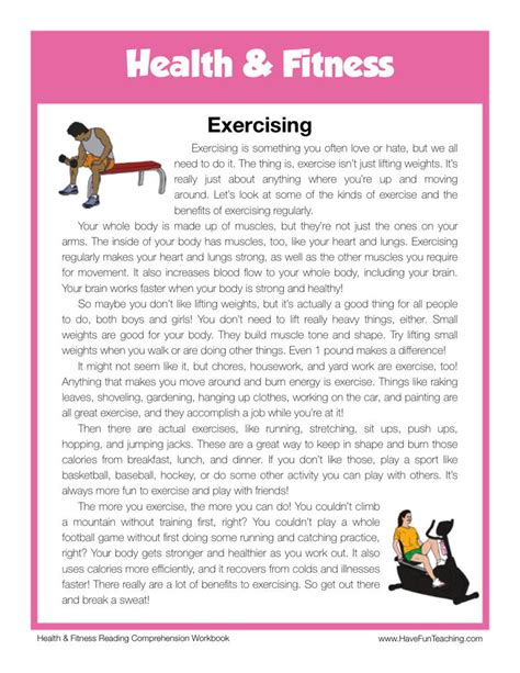 exercising health  fitness reading comprehension worksheet  fun teaching