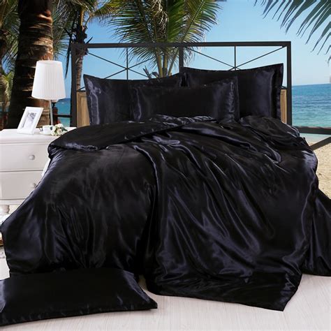 black silk comforter set luxury soft silk feel black pleated satin