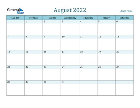 australia august  calendar  holidays