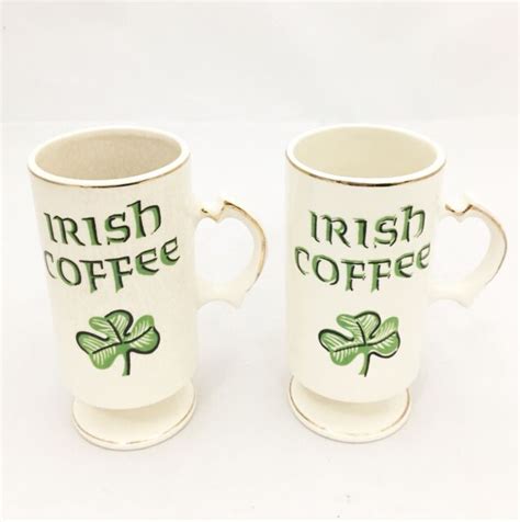 2 Vintage Irish Coffee White Pedestal Mugs Cups Green Shamrocks Gold