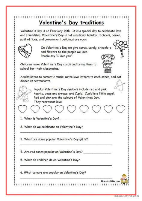 valentines day traditions reading  english esl worksheets