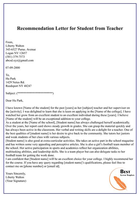 letter  recommendation template teacher  letter template