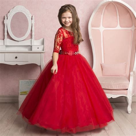 stunning red lace embroidery sheer half sleeves flower girl dress