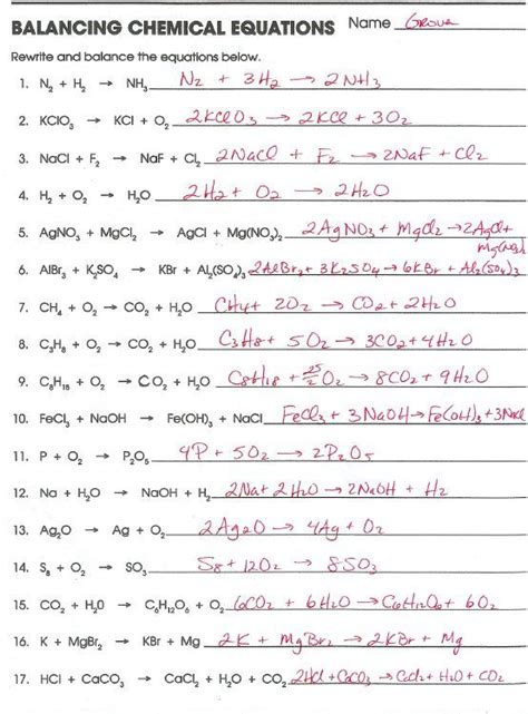 answer key balancing chemical equations practice worksheet  answers