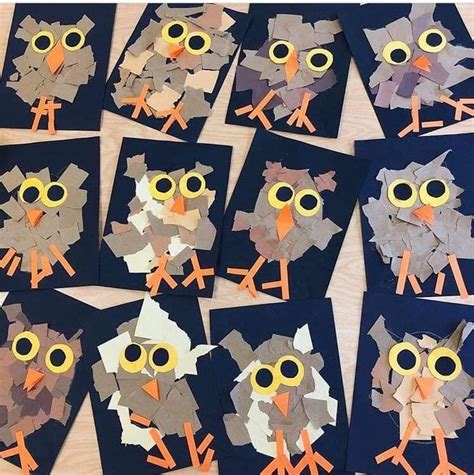torn paper owls   cute fallnature craft idea