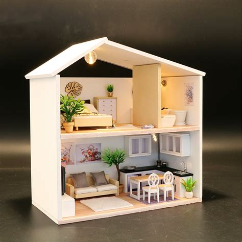 diy led light miniature wooden dollhouse kit toy doll house model modern furniture house kids
