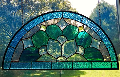 Half Round Arched Peacock Colored Bevel Cluster Hanging Stained Glass