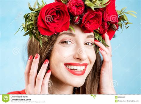 colorful portrait of a woman with flower wreath stock