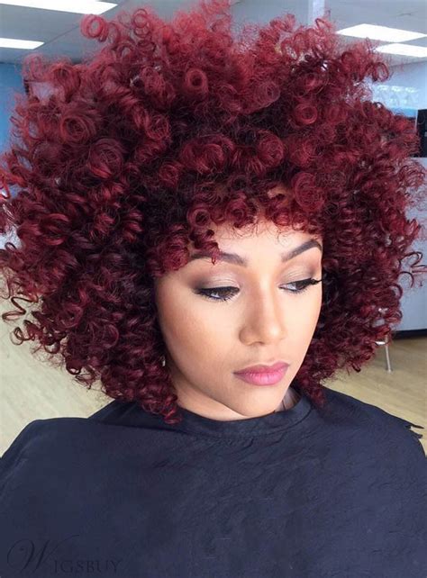 Red Kinky Curly Medium Synthetic Hair With Bangs Loose