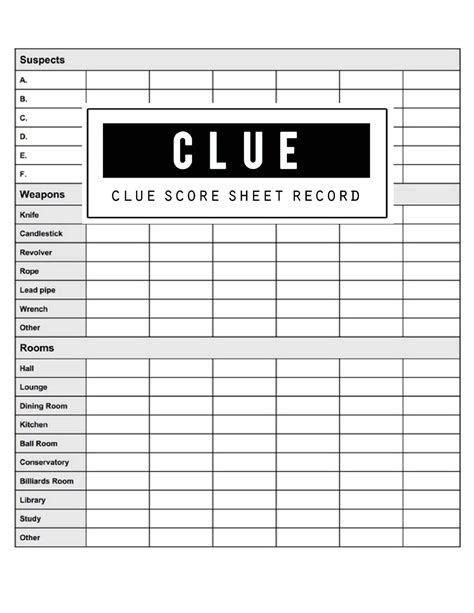 printable clue game sheets
