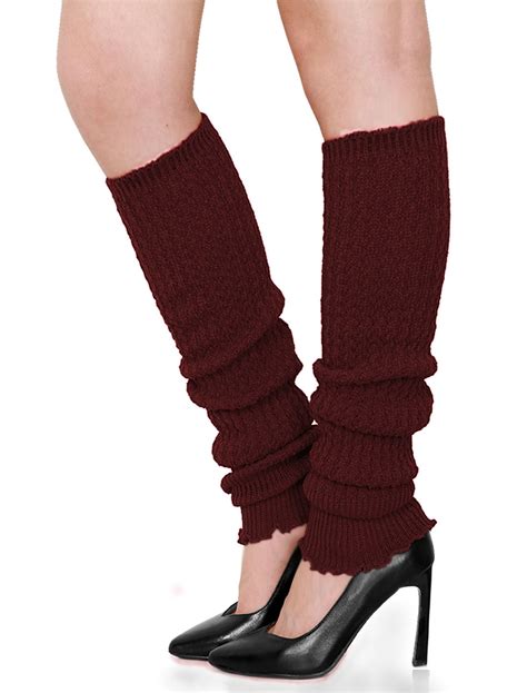 Women Ruffled Cuff Over Knee Length Knitted Leg Warmers Burgundy 1 Pair
