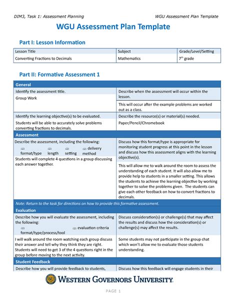 wgu assessment plan template describe   assessment  occur