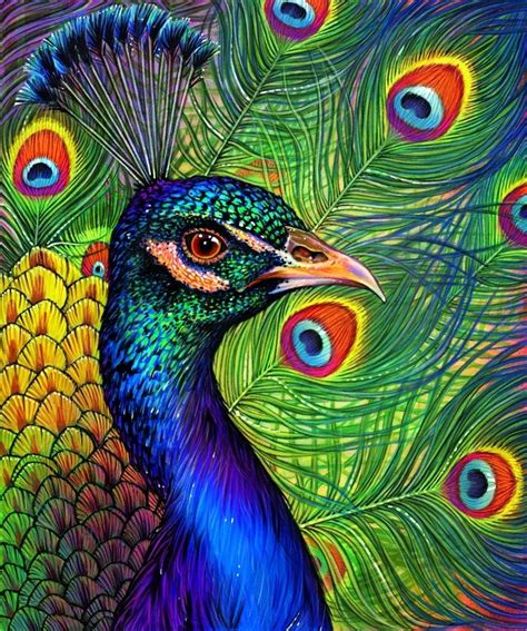 A Painting Of A Peacock With Lots Of Feathers