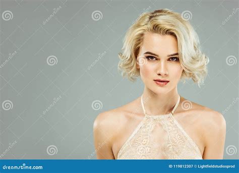 Portrait Of Blonde Woman In White Lace Bra Stock Image Image Of