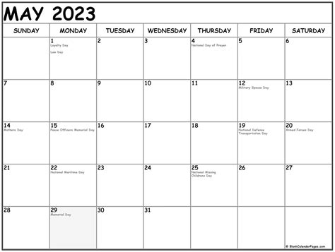 may 2023 with holidays calendar