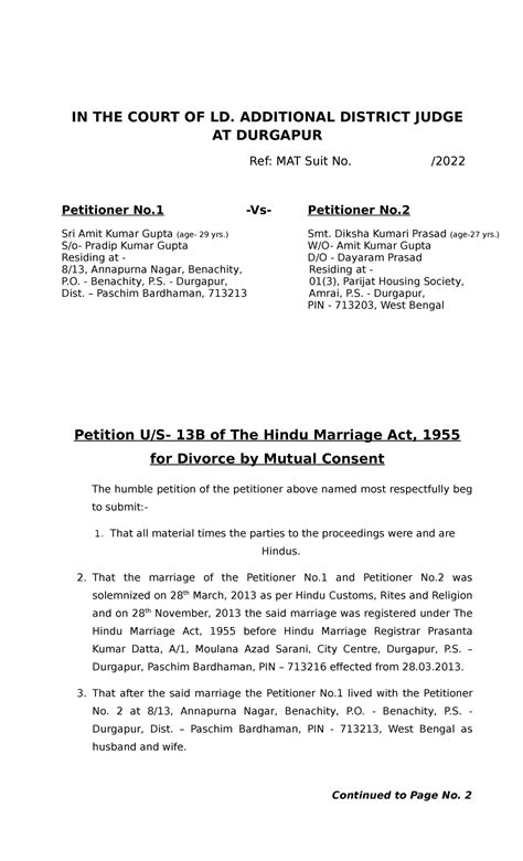 amit kumar divorce petition format  section   hindu
