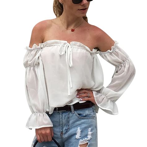 white chiffon blouses for women 2018 summer long sleeve ruffle tops