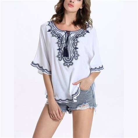 women summer white floral embroidered blouses sexy bohemian woman