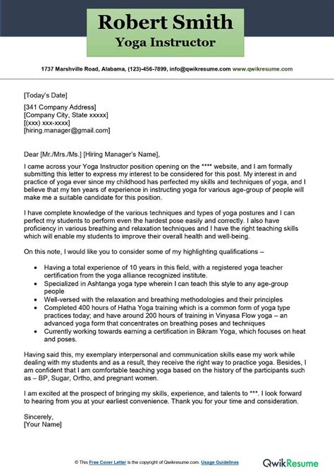 yoga instructor cover letter examples qwikresume