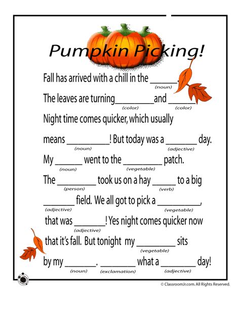 fall mad libs thanksgiving mad lib pumpkin classroom fall kids
