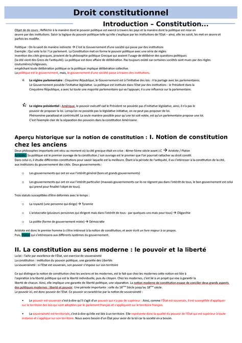 fiche revision constitution droit constitutionnel  universite paris  studocu