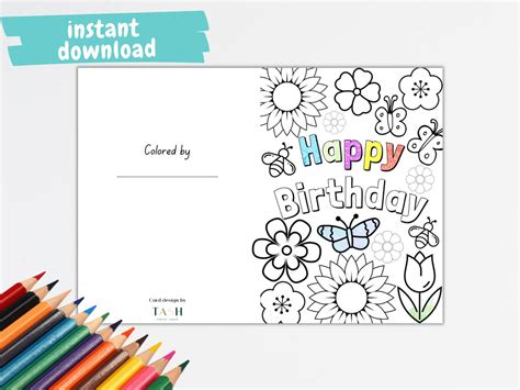 happy birthday printable coloring card kids coloring card flowers