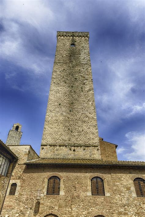 view of torre grossa tallest tower in san gimignano italy stock image
