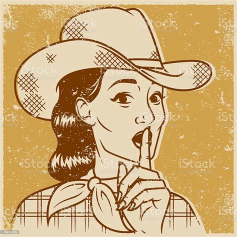 Vintage Retro Cowgirl Making Shhh Gesture Line Art Icon Stock