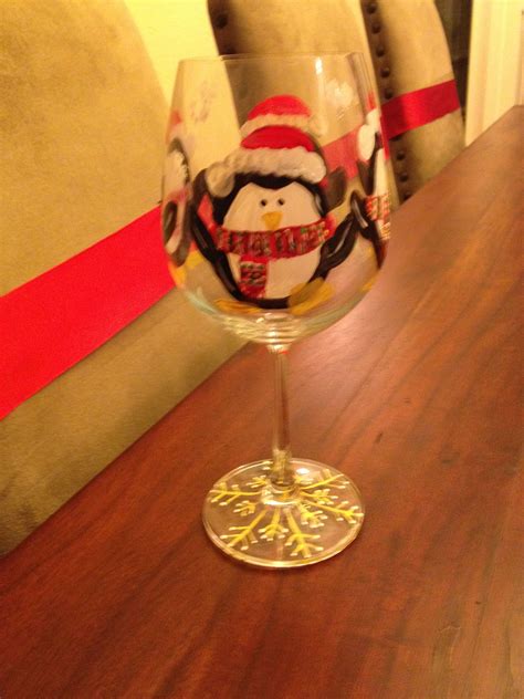 Penguin Painted Wine Glass Hand Painted Wine Glasses