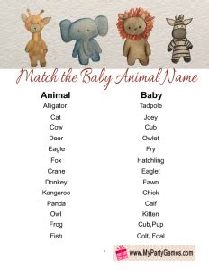 printable match  baby animal  game