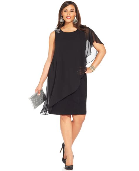betsy and adam plus size one shoulder chiffon overlay dress in black lyst