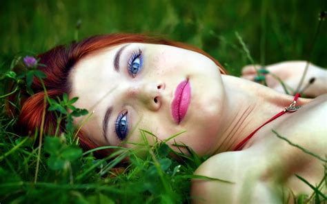Women Model Redhead Face Women Outdoors Blue Eyes Lipstick