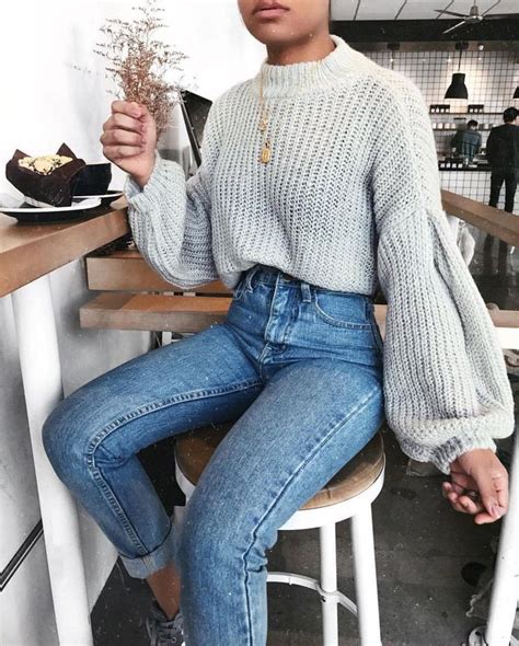 grey knit sweater outfit casual wear mom jeans fashionable tops