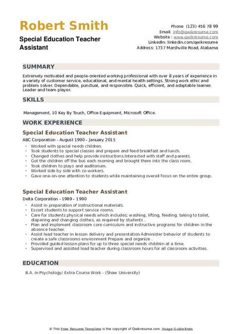 special education teacher assistant resume samples qwikresume