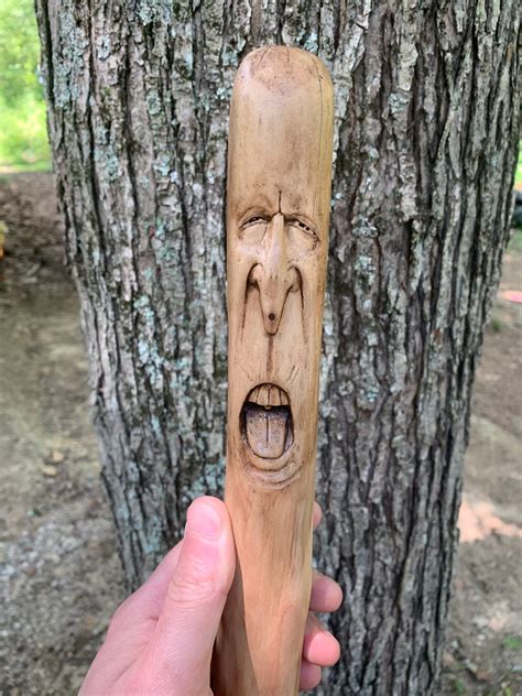 wood carving walking stick hand carved wood art carving   face