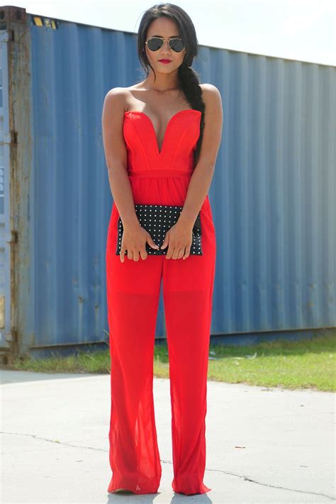 red strapless jumpsuit in 2019 fashion valentines date outfit valentines outfits