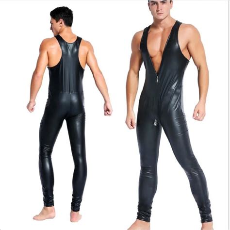 Hot Pu Leather Men Sexy Bodysuit Faux Latex Male Erotic Jumpsuit Pants