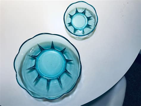 Vintage Teal Colored Glass Serving Bowls Set Of 2 Colored Etsy Uk