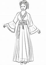 Coloring Chinese Hanfu Traditional Woman Dress Wedding China Wearing Pages Drawing Printable Kids Dresses sketch template