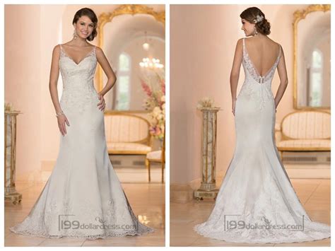 elegant fit and flare illusion straps wedding dresses with deep v back