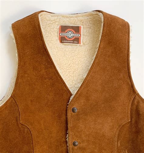 western suede leather vest cognac brown leather sherpa lining vintage pioneer wear albuquerque