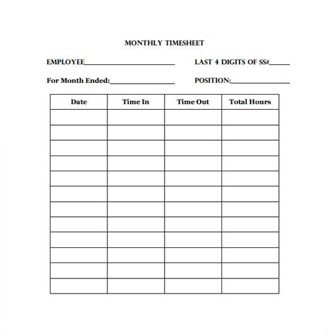 monthly timesheet template    documents   word