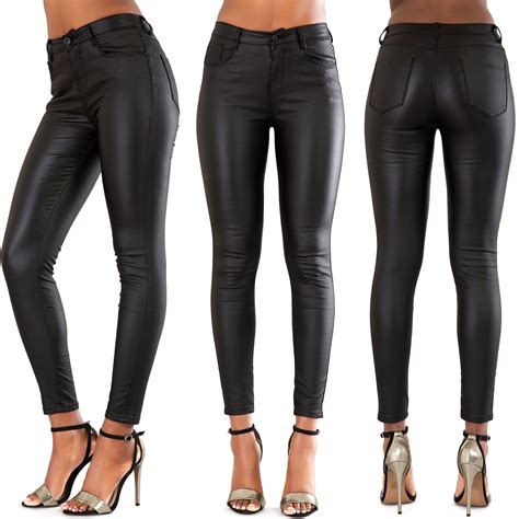 ladies celeb style black wet look leather biker jeans
