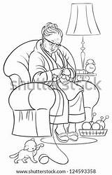 Grandmother Coloring Sitting Armchair Knitting Book Shutterstock Vector Stock Search sketch template