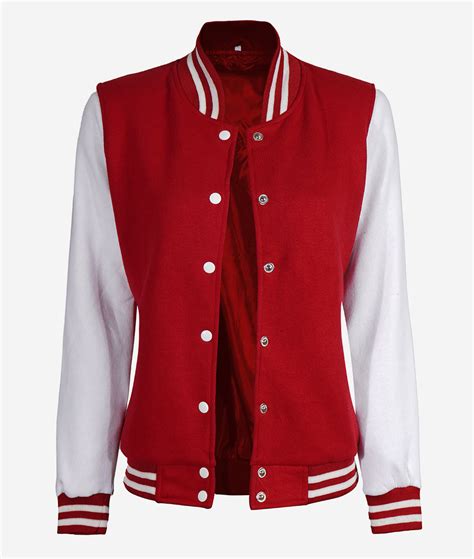 womens red letterman jacket  white sleeves varsity style