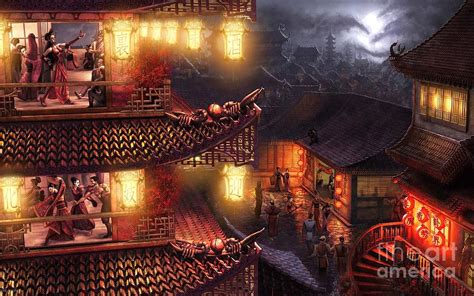 awesome asian fantasy town nighttime ultra hd drawing by astonishing