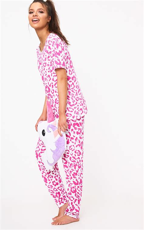 pink leopard print pj set nightwear and onesies prettylittlething