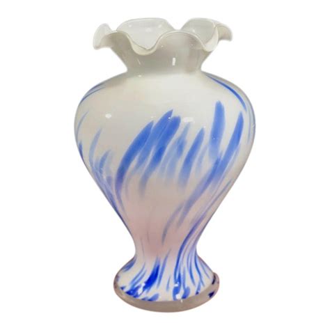 Hand Blown Glass Vase Italian Murano Blue And White Lavorazione Arte