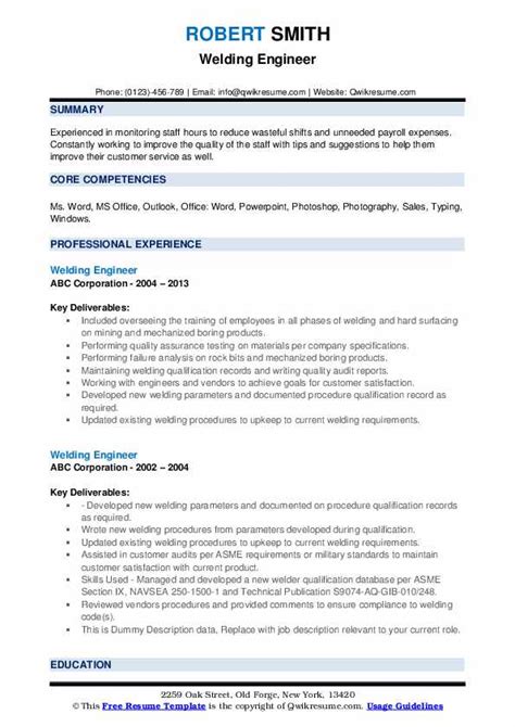 welding engineer resume samples qwikresume